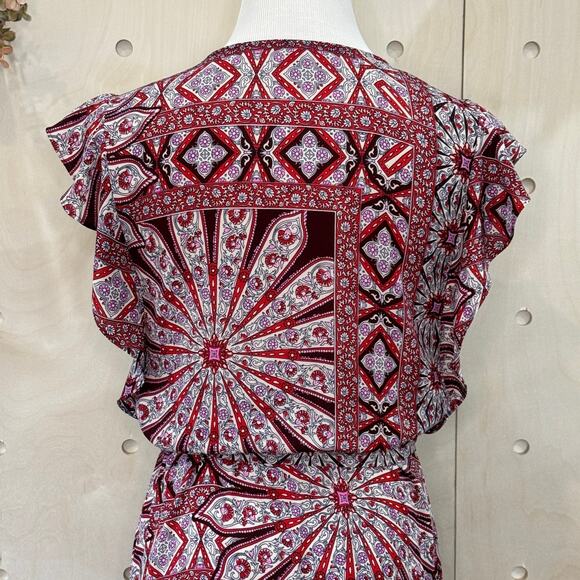 ELLA MOSS Flutter Sleeve Wrap Dress Size S Red Purple Boho Print Midi Dress - Picture 6 of 11